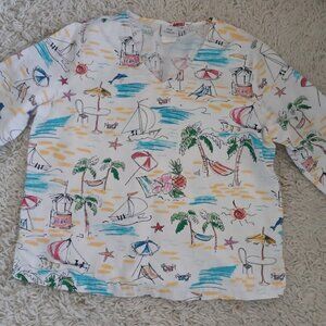 Hot Cotton Linen Blend Top Women’s Medium Coastal Beach Print 3/4 Sleeve